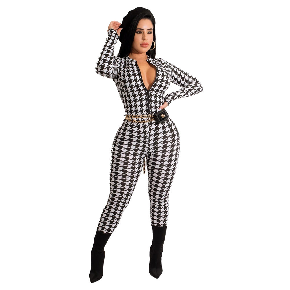 Spring Women's Plaid Print Round Neck Zipper Casual Jumpsuit 4