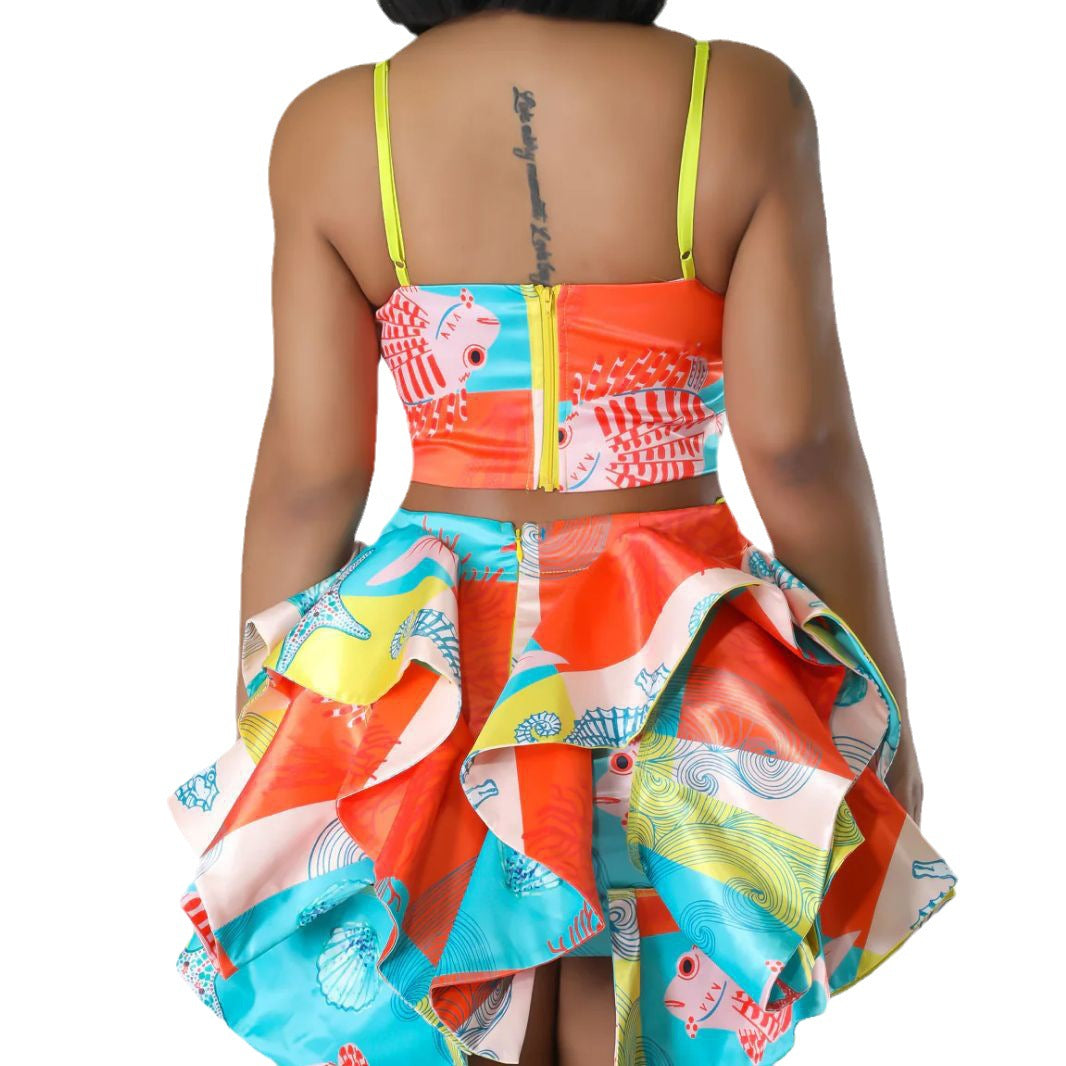 Women sexy printed beaded suspenders Strapless Top and Mini Skirt two-piece set 6