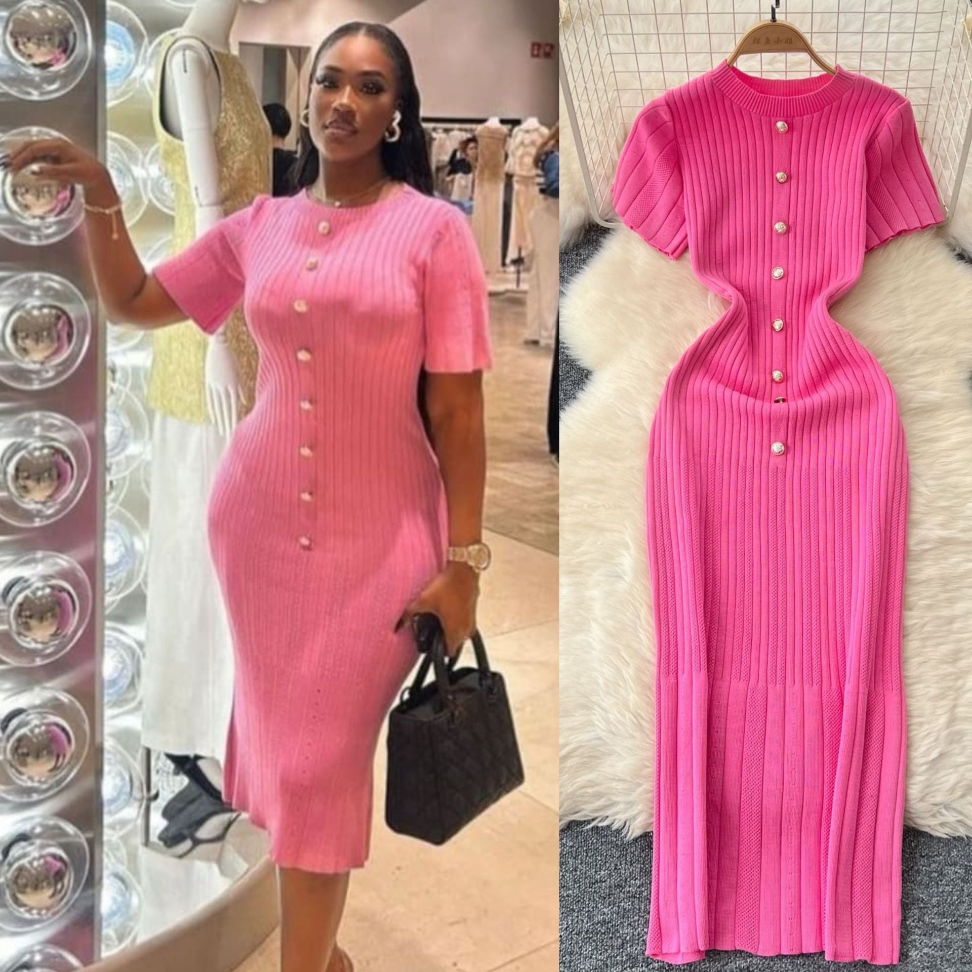 Chic Knitting Round Neck Single-Breasted Short-Sleeved Slim Midi Dress 5