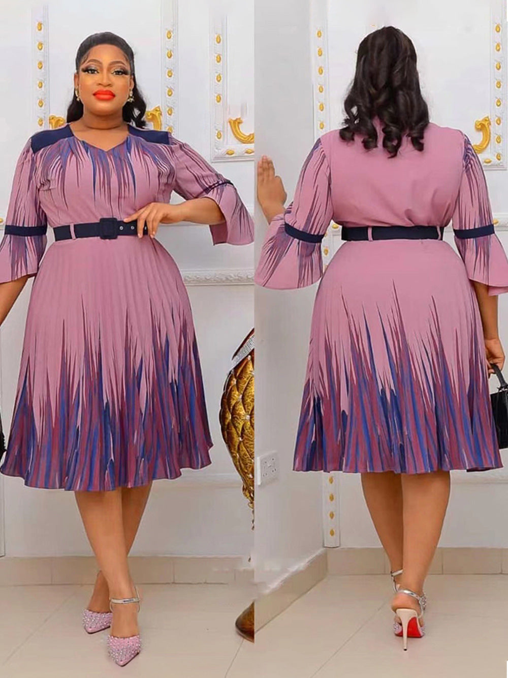 Plus Size African Dress Women High Waist Fashion Round Neck Printed Pleated Dress 5