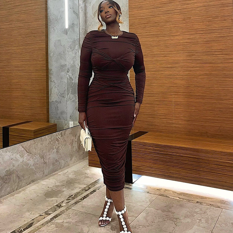 Women Solid Round Neck Long Sleeve Dress 3