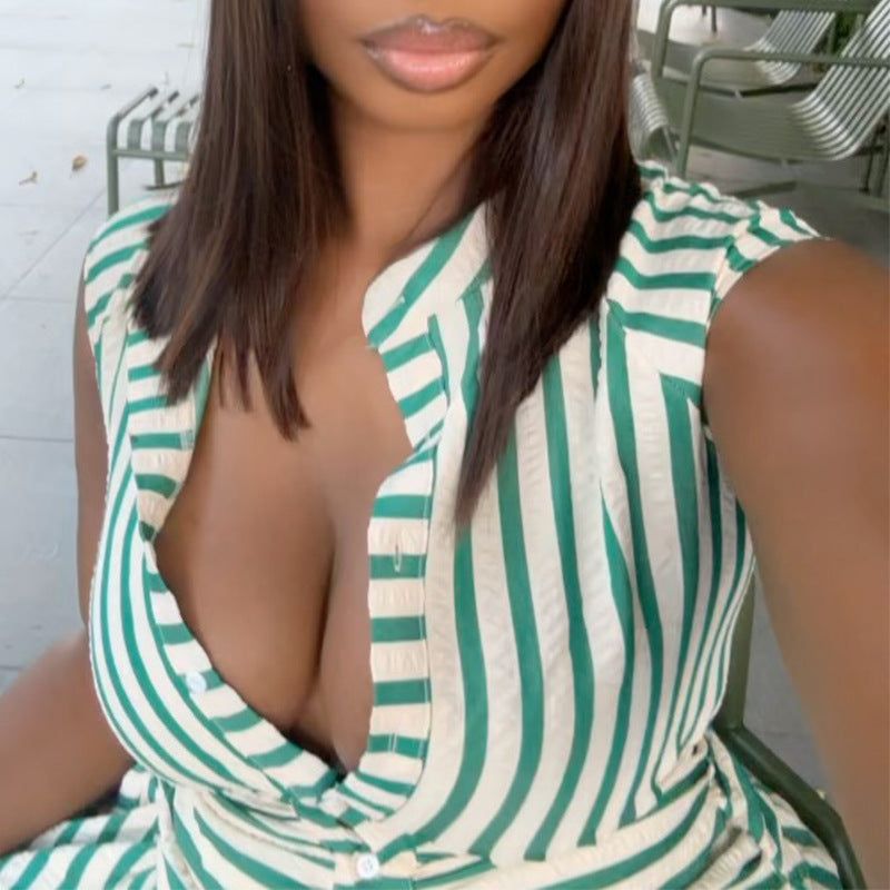 Women's Autumn Sweet Striped Stand Collar Sleeveless Button-Down Dress 4