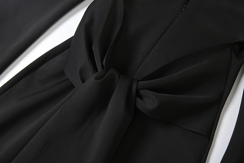 Autumn Women's Solid Color Chic Turndown Collar Slim Waist Lace-Up Zipper Long Sleeve Dress 16