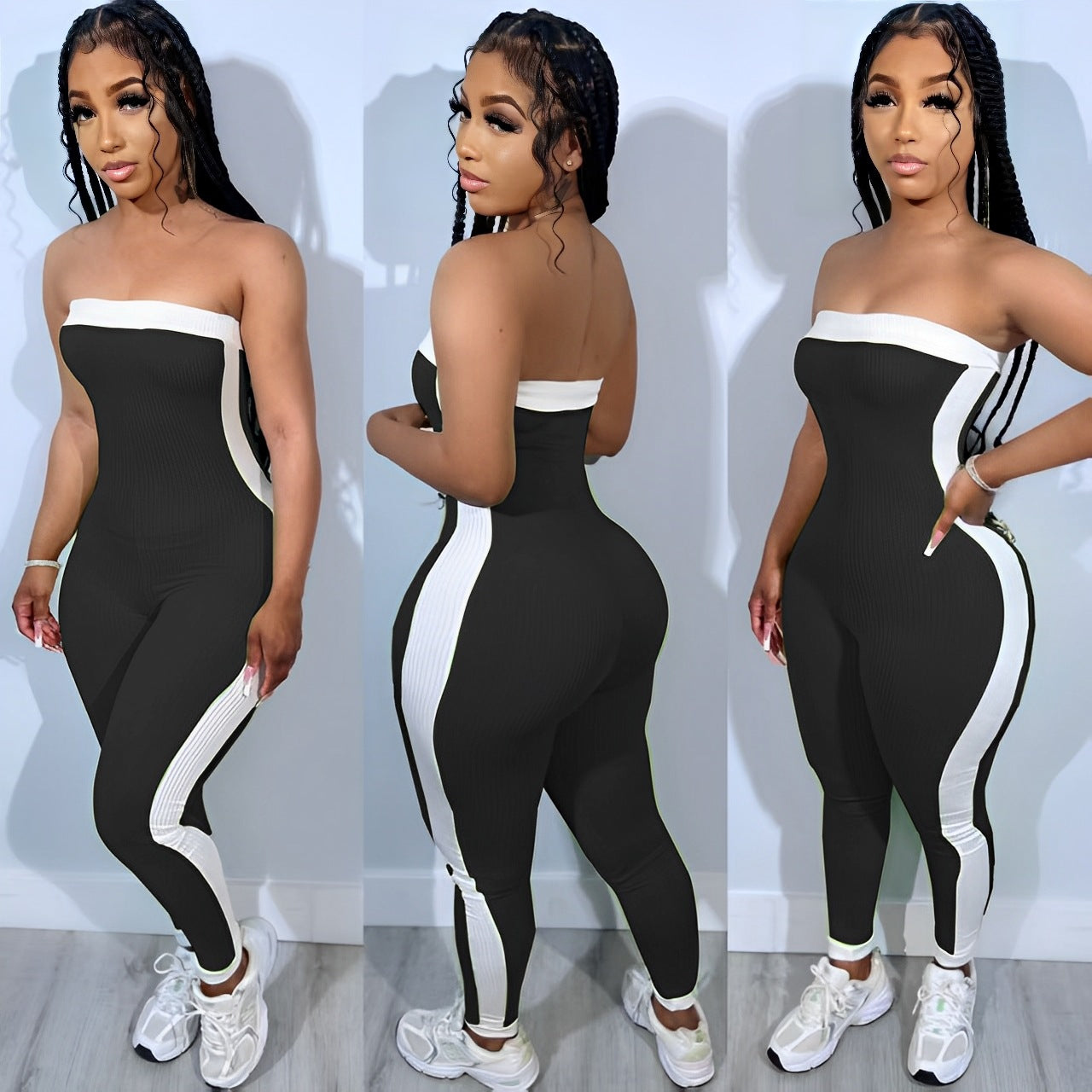 Strapless Color Block Sexy Tight Fitting Sporty Jumpsuit 7