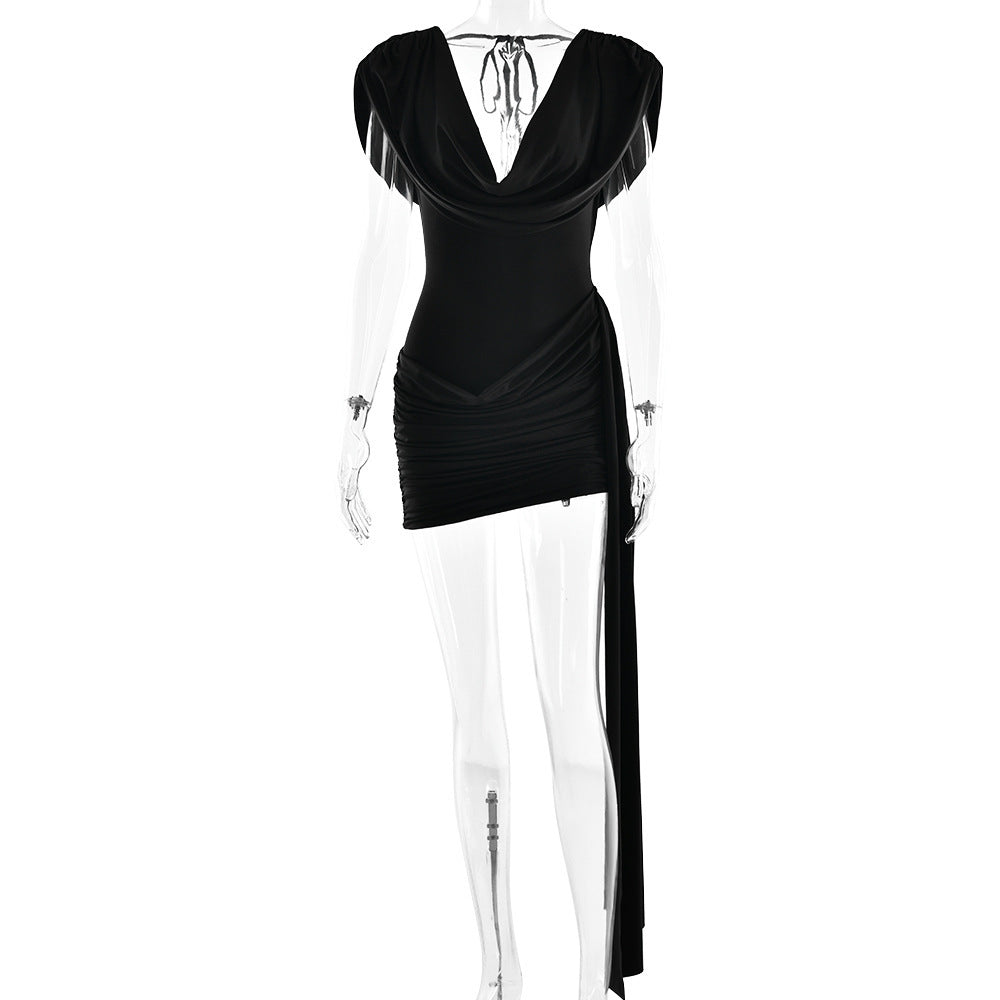 Summer Women's Deep V-Neck Chic Halter Neck Ruffled Sexy Bodycon Dress 6