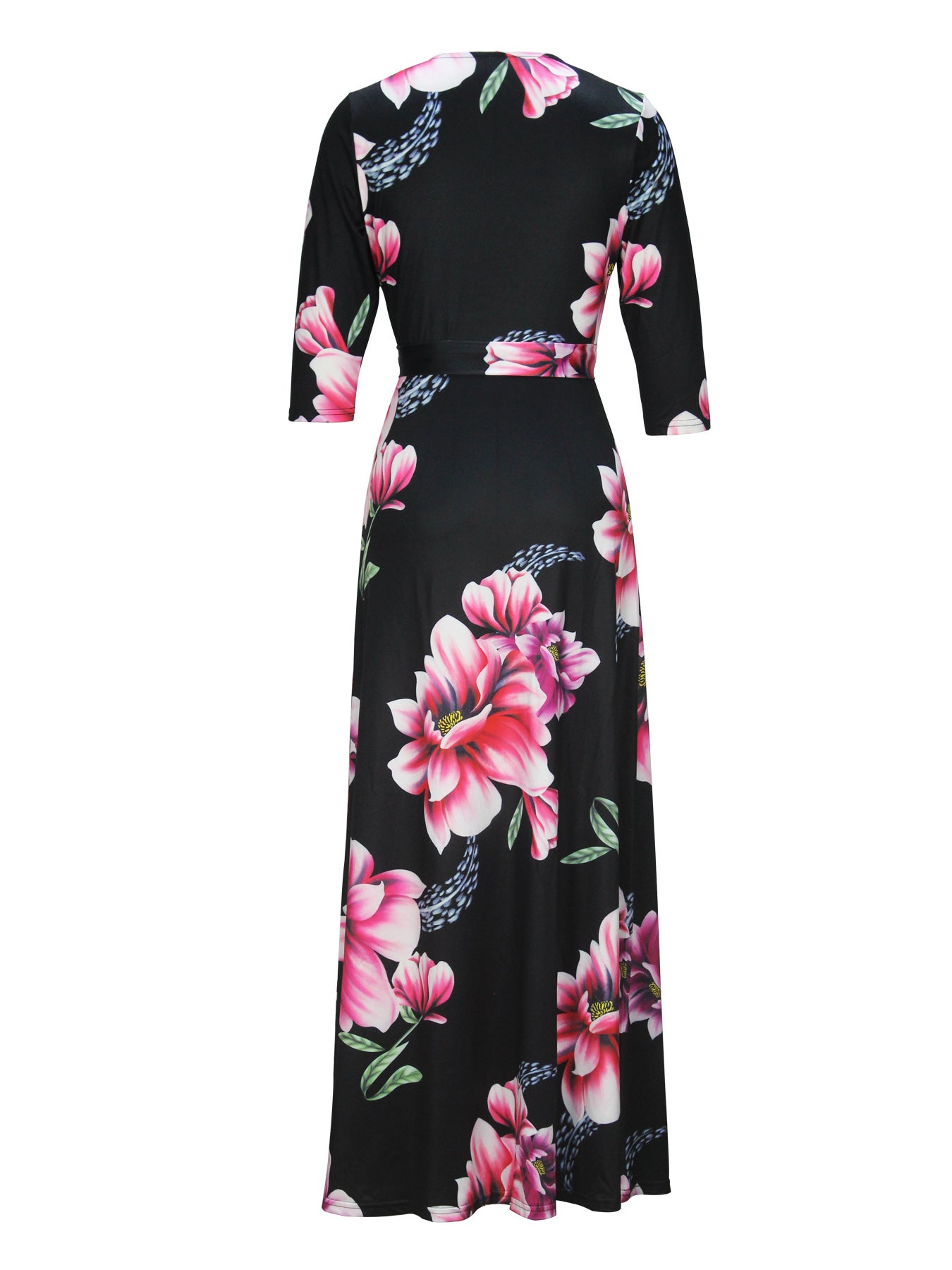 Spring & Autumn Women's Fashion Elegant Wrap V-Neck Half-Sleeve Print Belt Maxi Dress 103