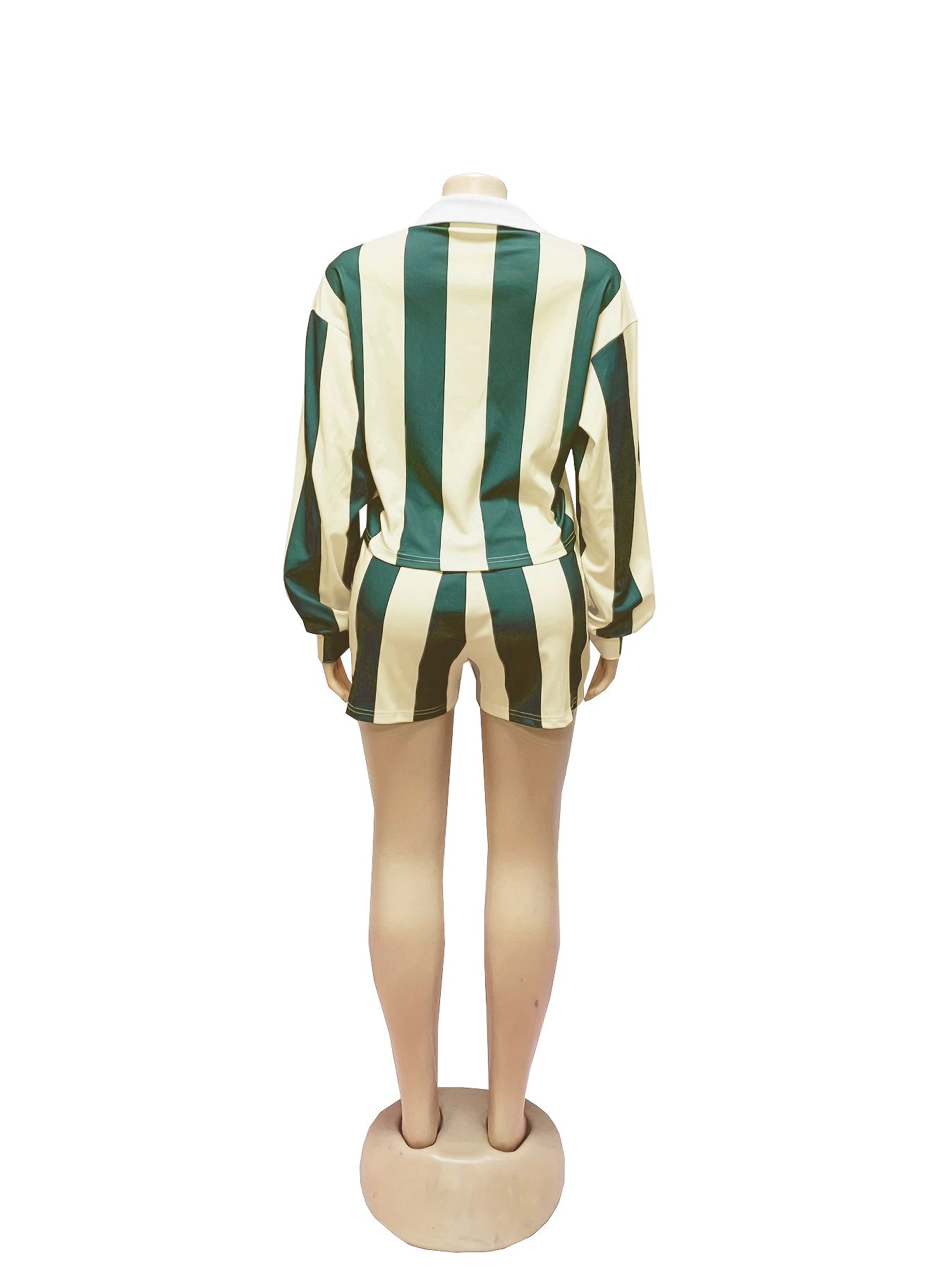 Women Summer Casual Striped Turndown Collar Top and Shorts Two-Piece Set 17