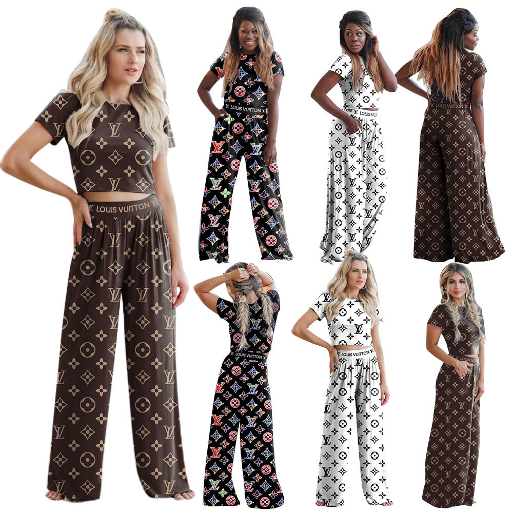 Women's Summer Sexy Short Sleeve Wide Leg Two-Piece Pants Set 23