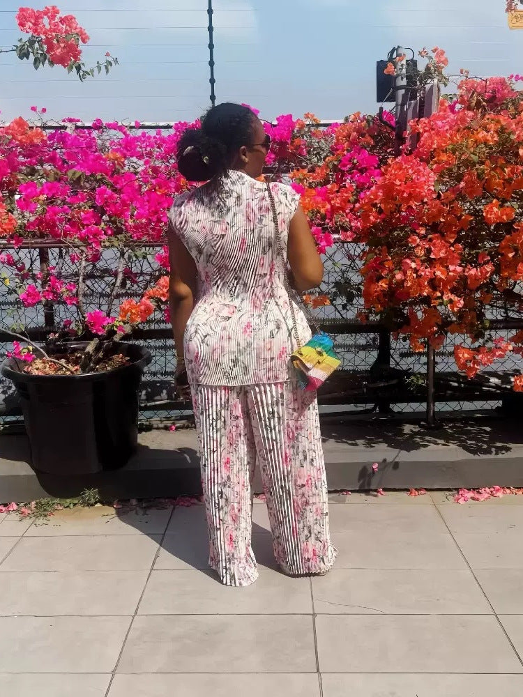 Women's Flower Pleated Top & Loose Pants Set 4