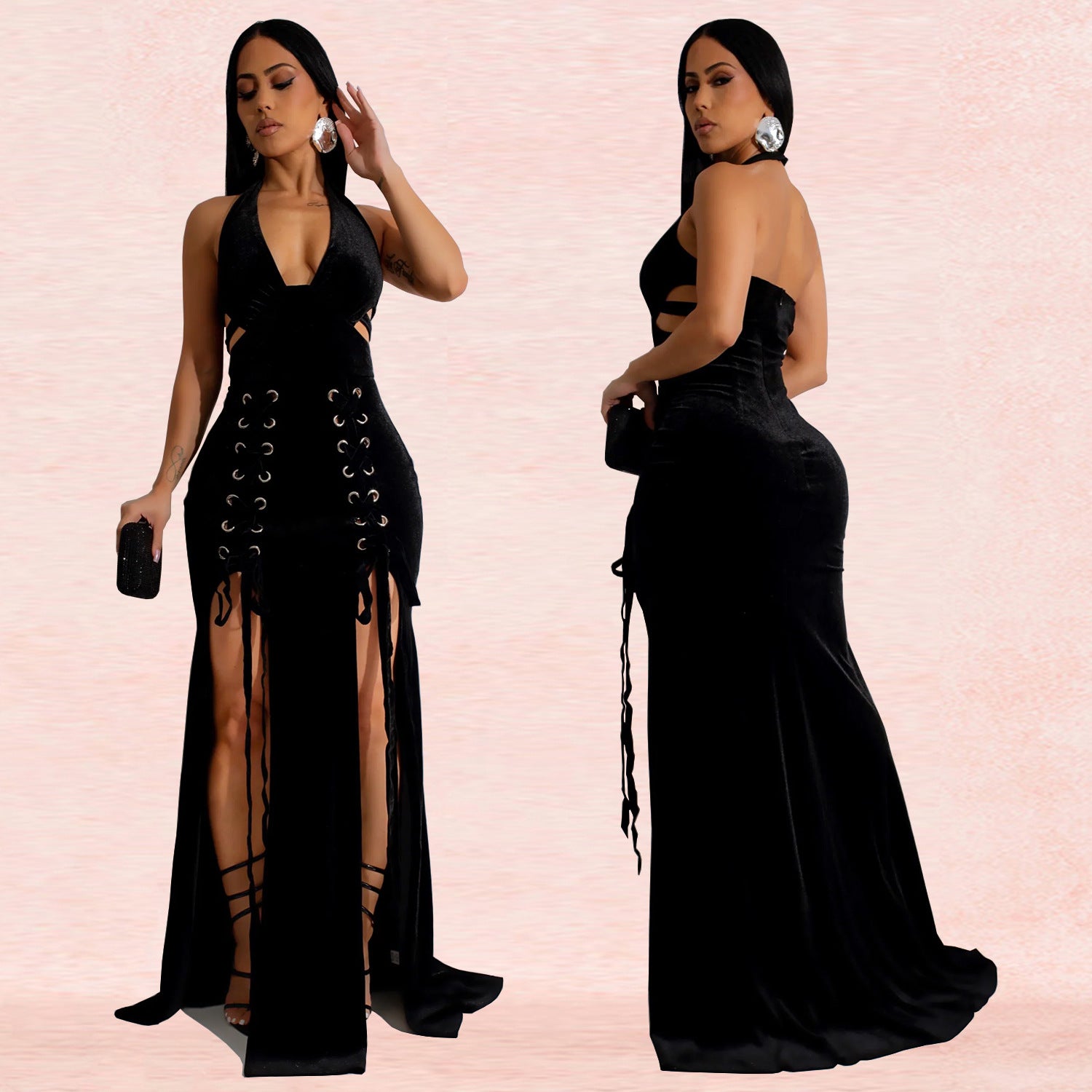 Fashion Women's Halter Neck Arm Sexy Slit Long Dress 5