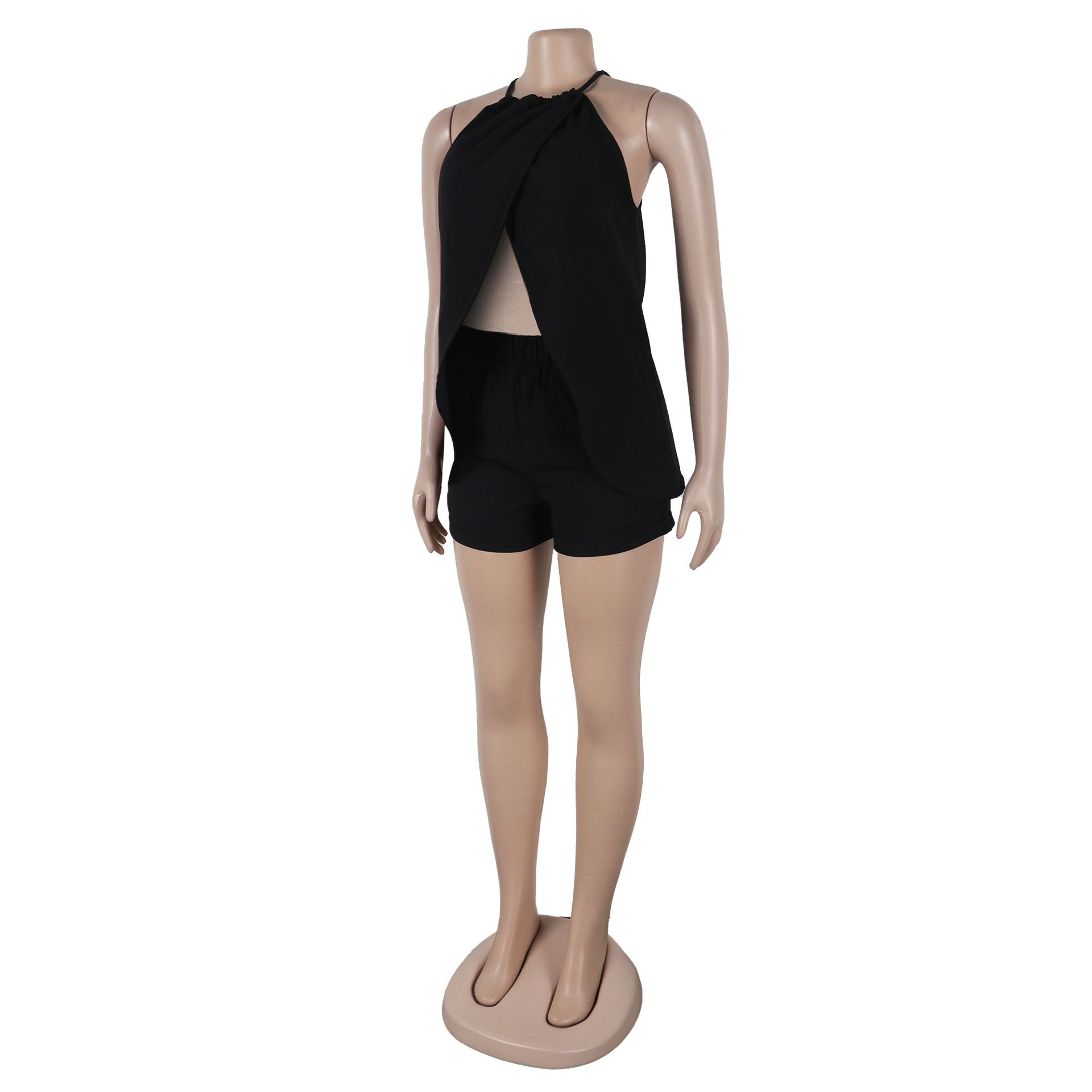 Women sexy solid slit halter neck lace-up sleeveless top and shorts two-piece set 46