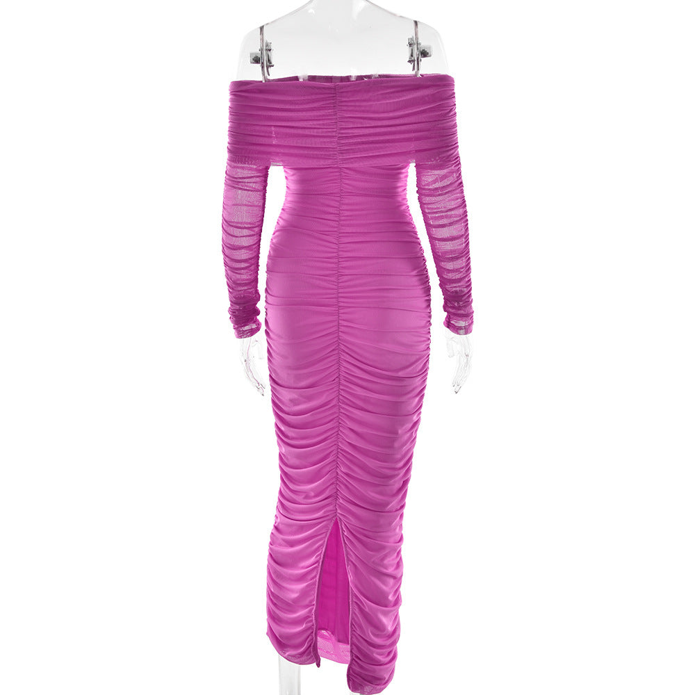 Women Autumn Bodycon Sexy Mesh Off Shoulder Gathered Dress 23