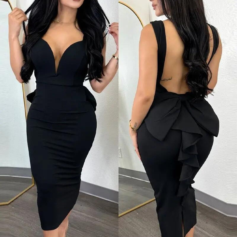 Chic Elegant Solid Color Low Back Deep V High Waist Bow Elastic Slit Bodycon Dress 4