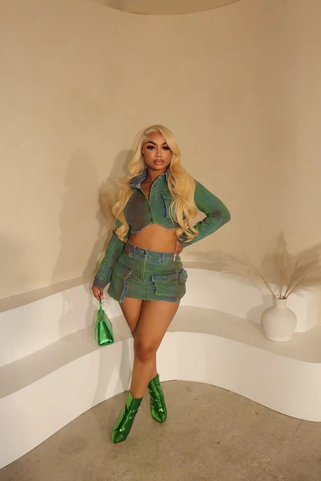 Fashionable Denim Painted Stretch Two Piece Skirt Set