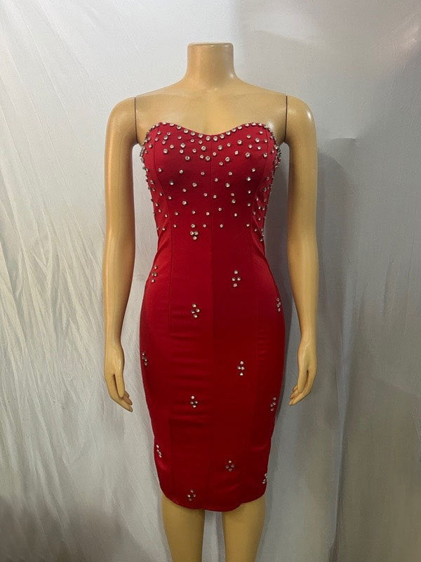 Women Strapless Sexy Backless Slit Diamond Bodycon Dress 10