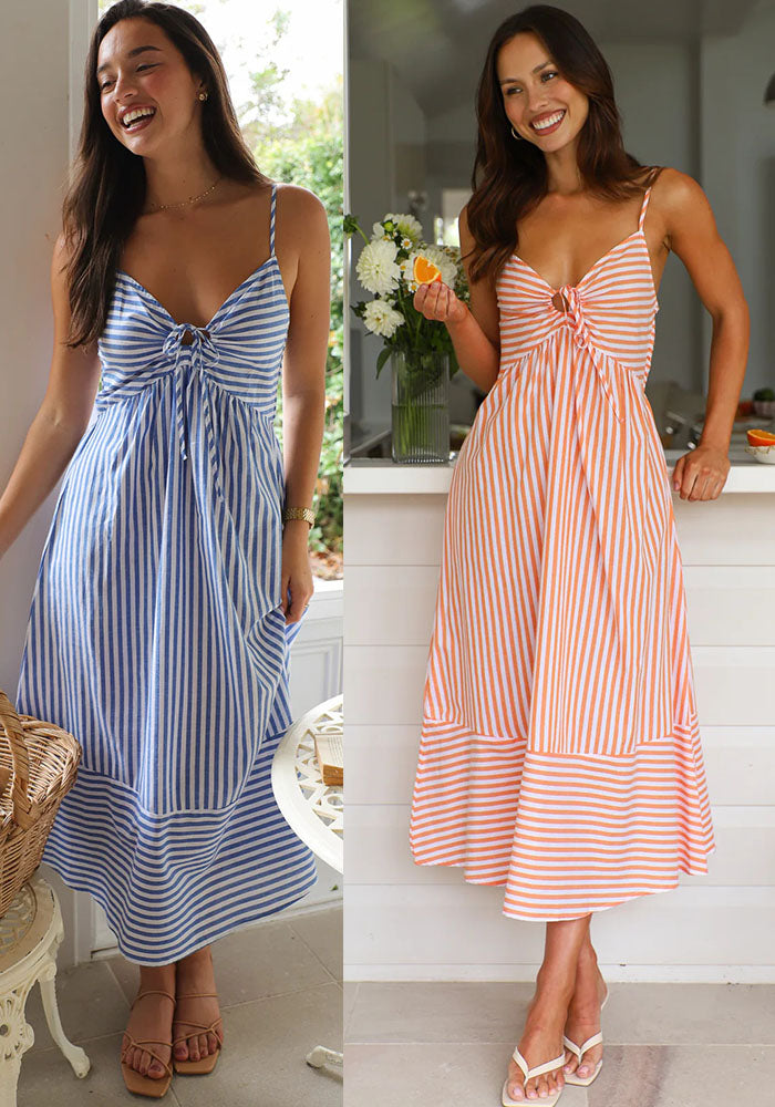 Women Summer V-Neck Striped Strap Dress