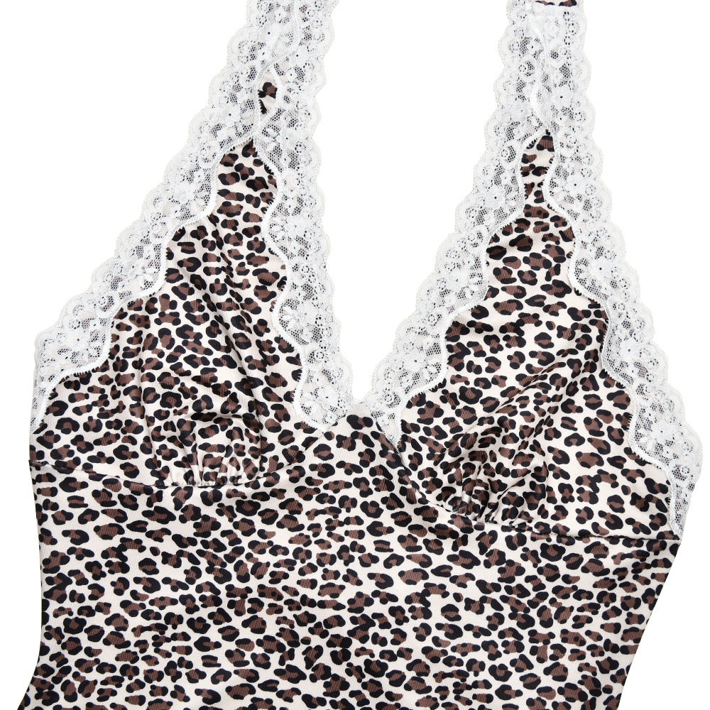 Spring Summer Leopard Print Low Back Lace Patchwork Halter Dress 9