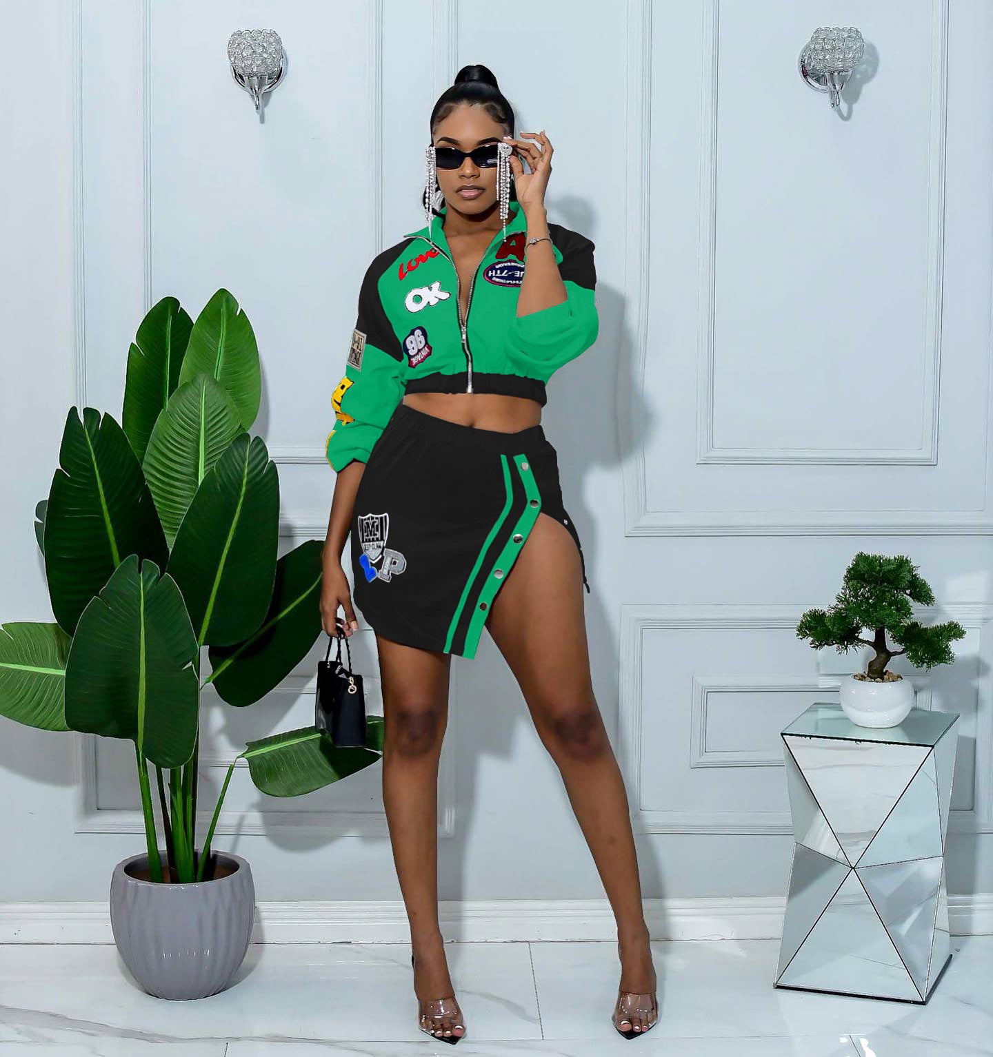 Women Printed Long Sleeve Jacket and Button Skirt Two-Piece Set 3