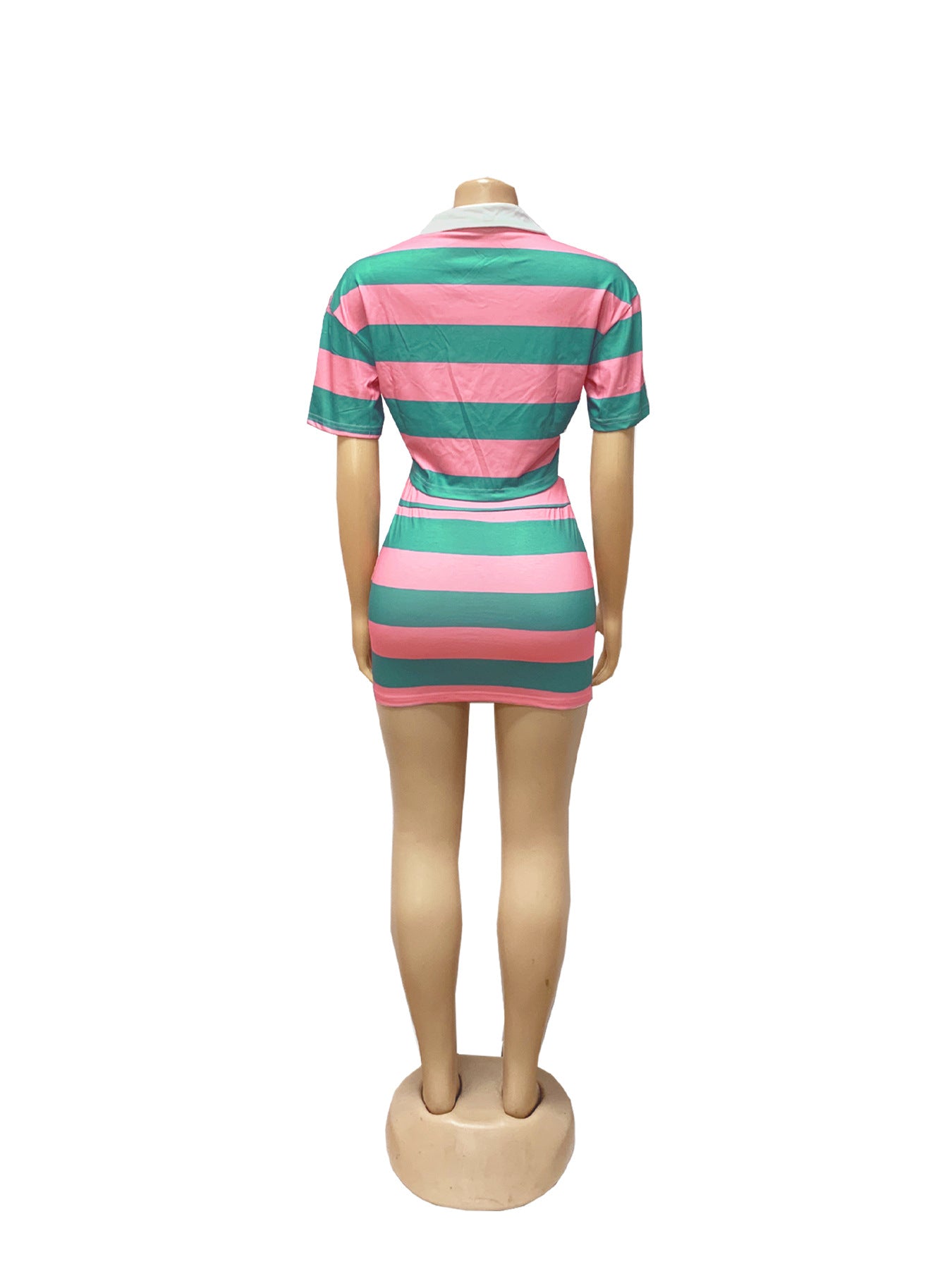 Women Striped Contrast Turndown Collar Crop Top and Bodycon Skirt Two-Piece Set 16