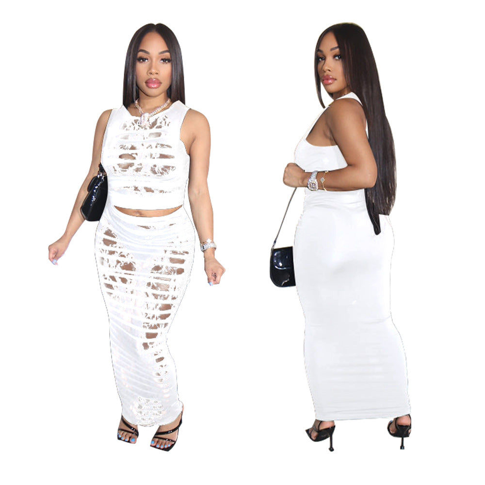 Fashion Women's Sexy Sleeveless Lace Patchwork Two Piece Skirt Set
