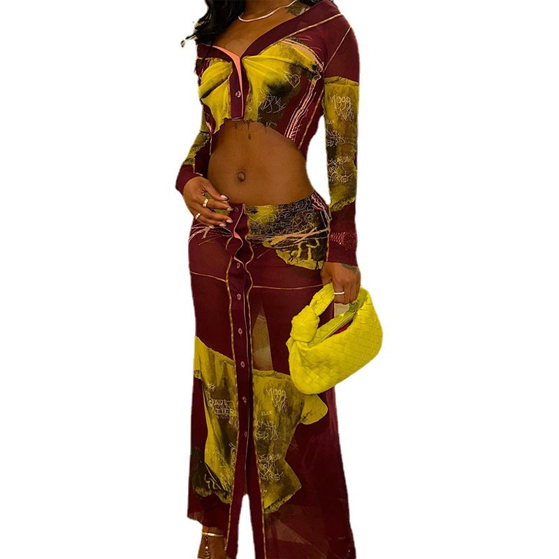 Women's Long Sleeve Crop Top Fashion Breasted Two-Piece Skirt Set 6