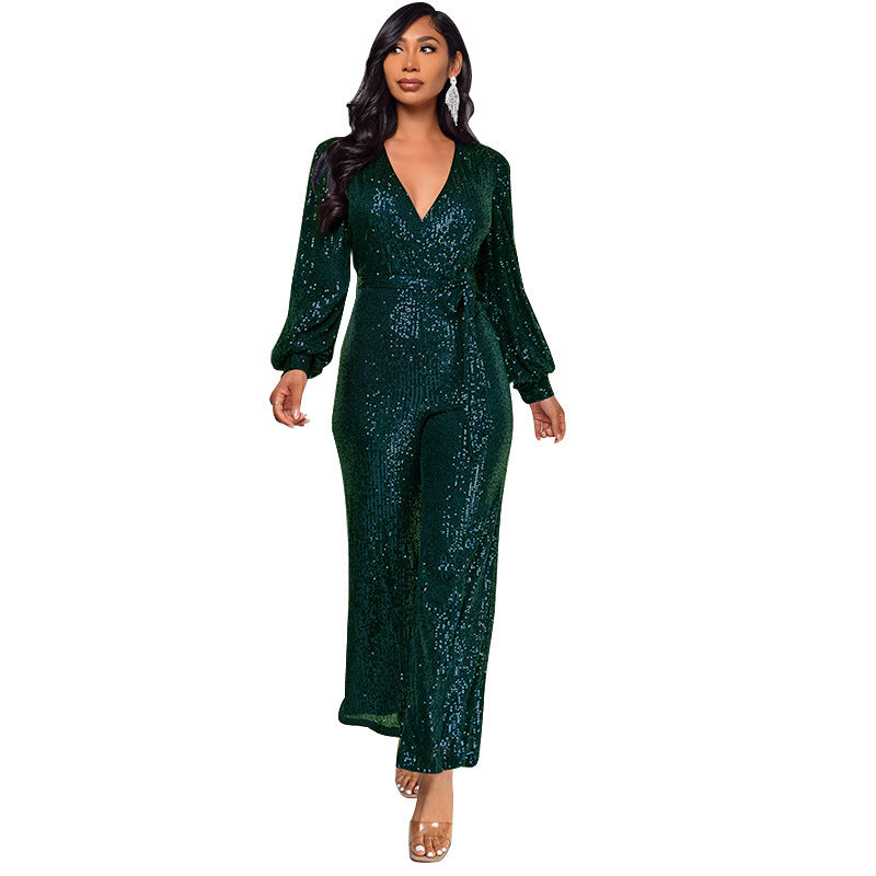 Fashion Casual Long Sleeve Belt Sequin Jumpsuit Women's Clothing 4