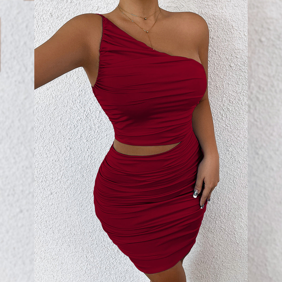 Women one-shoulder pleated dress Solid hollow bodycon sexy dress 13