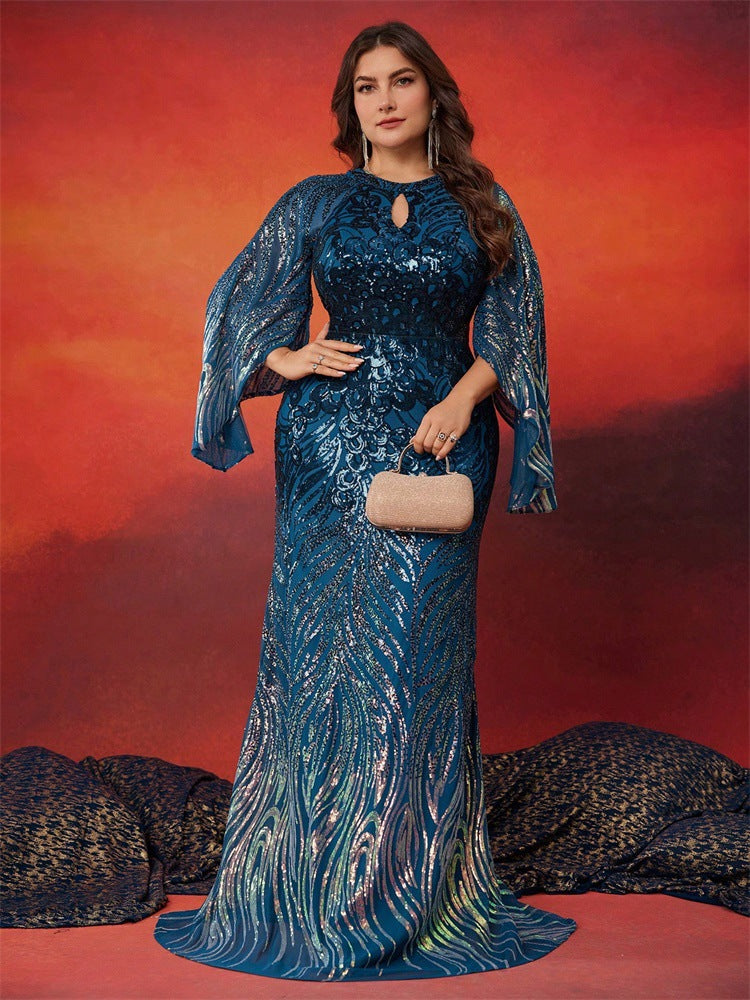 Plus Size Women Strechy Gradient Sequin Round Neck Long Sleeve Split Sleeve Cocktail Dinner Evening Dress
