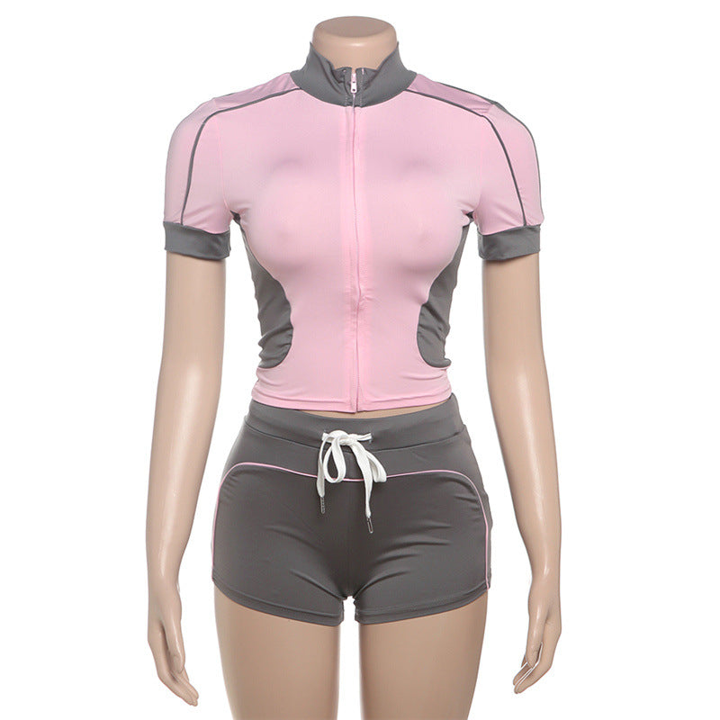 Fashionable Stand Collar Slim Fit Fitness Top & Shorts for Casual Sports Set 17