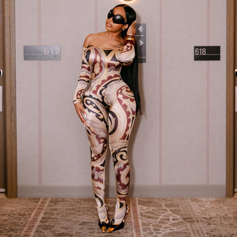 Women summer/fall multi-color print off-shoulder long-sleeved covered jumpsuit 4