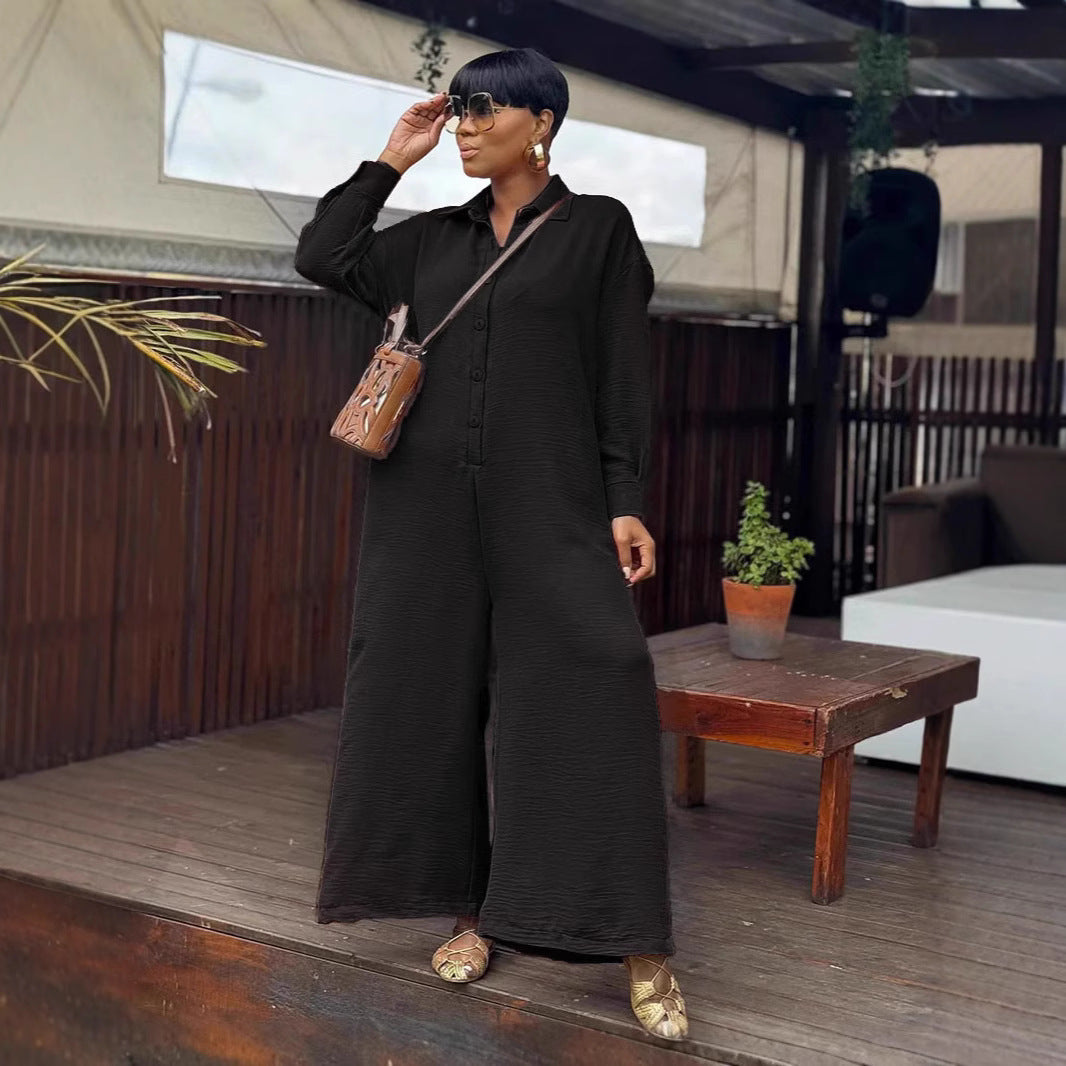 Plus Size Women Summer Casual Loose Round Neck Long Sleeve Wide Leg Jumpsuits 3
