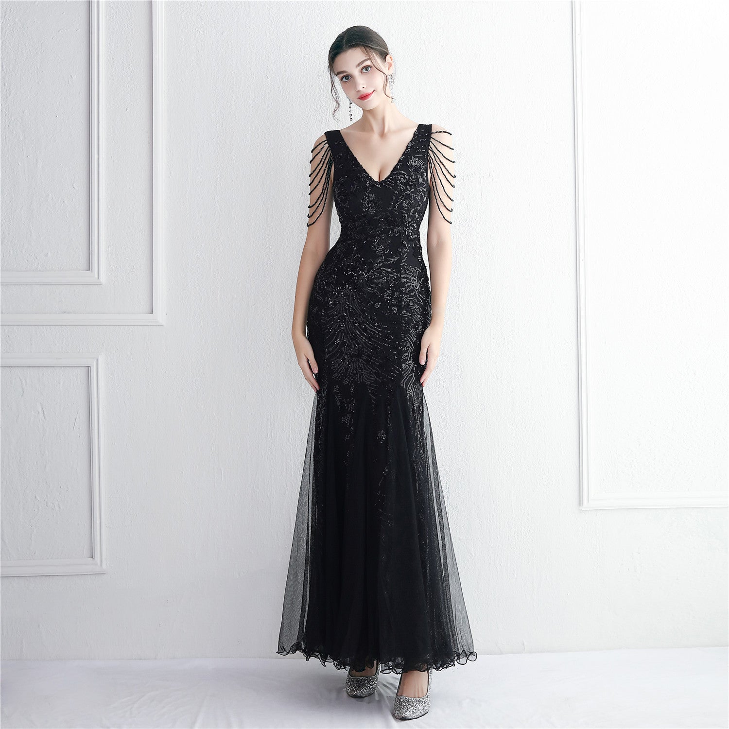 Sequin Mesh Beaded Chic Elegant Annual Meeting Long Fishtail Sequin Sexy Dress