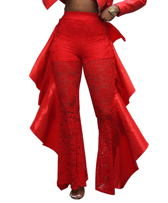 Fashion Women's Sexy high waist Ruffle See-Through Lace Pants 3