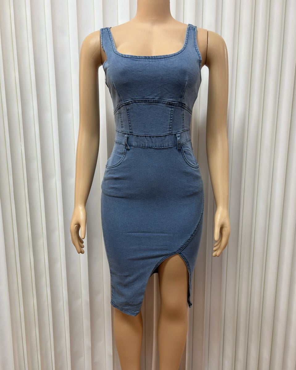 Strap Sexy Low-Back Slim Waist Irregular Denim Dress for Women 7