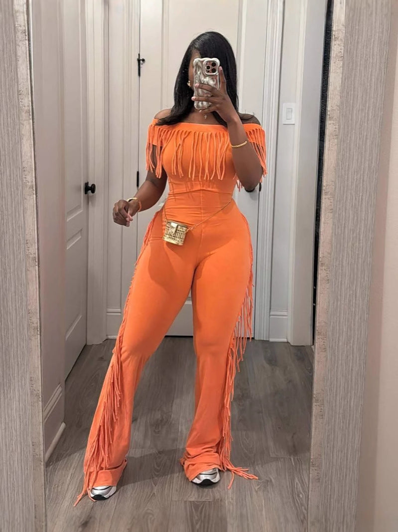 Women's Comfort Casual Elastic Waist Tassel Two-Piece Pants Set