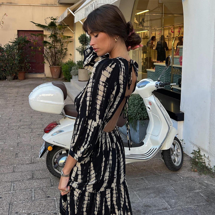 women's clothing 2023 new shirring layered large swing dress tie-dye printing V-neck sexy backless dress 4