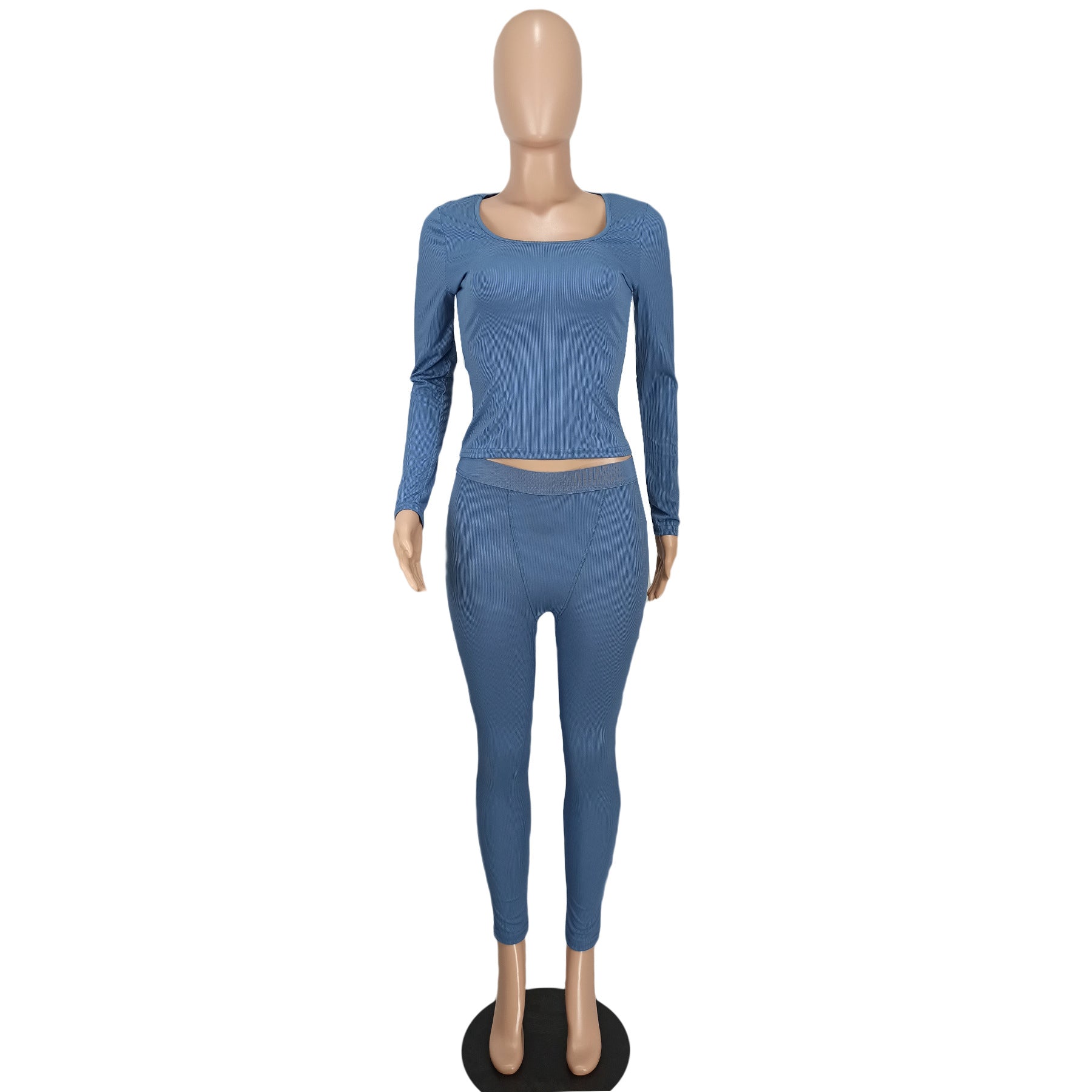 Women Casual Ribbed Solid Top and Pants Two-Piece Set 17