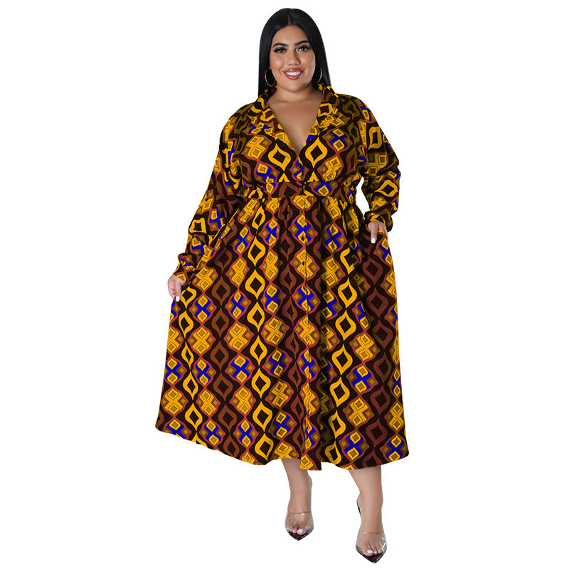 Plus Size Women Fall Long Sleeve Printed Casual Shirt Dress with Belt 4