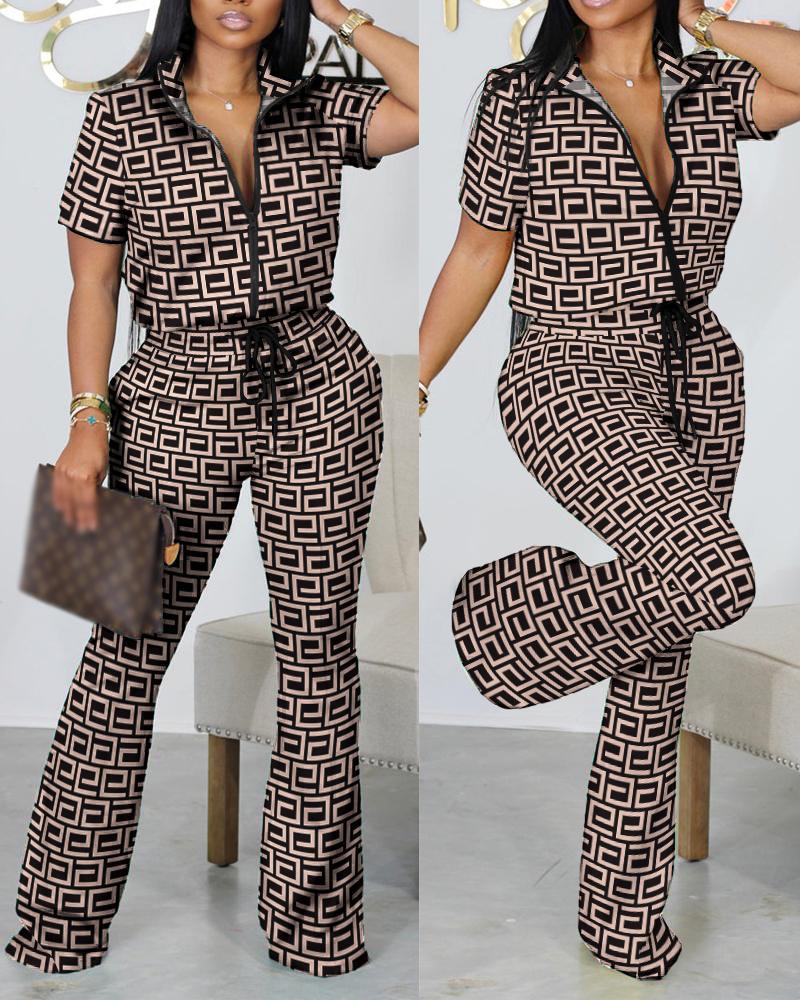 Women Spring Summer Fashion Print Zipper Top and Pant Two-Piece Set 5