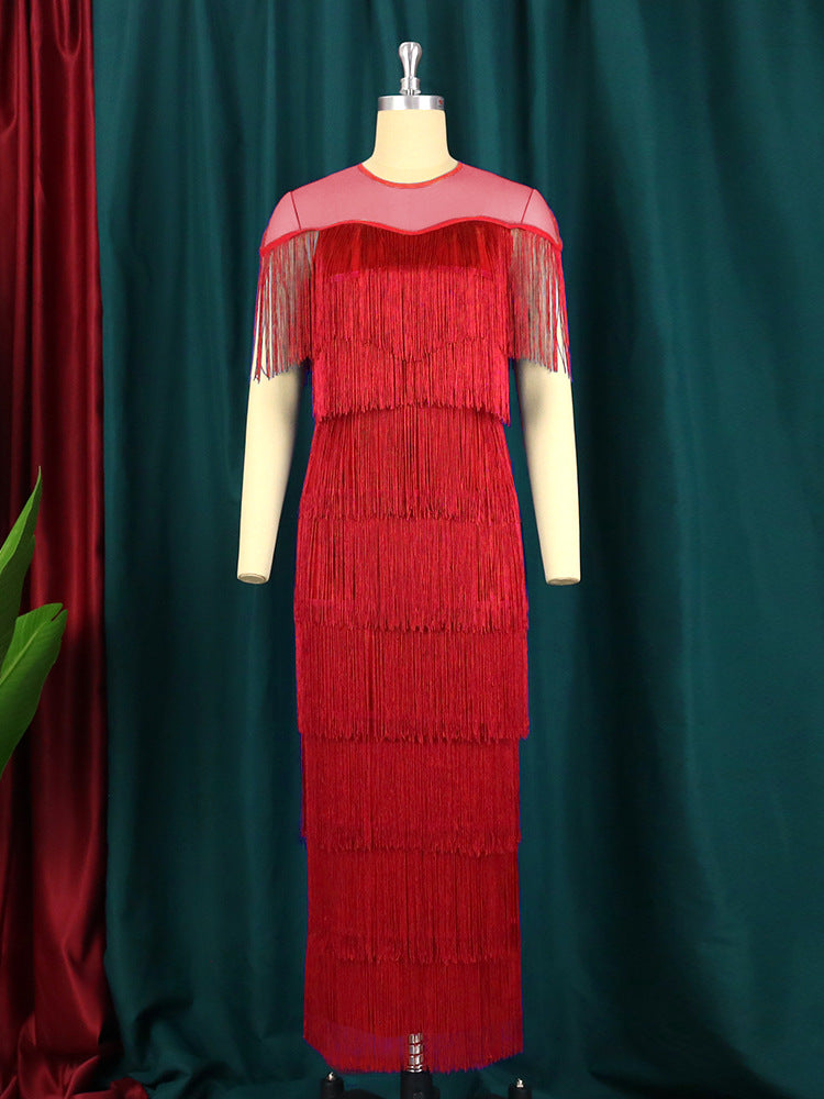 Women Mesh Patchwork tassel Round Neck sexy evening bodycon dresses 14