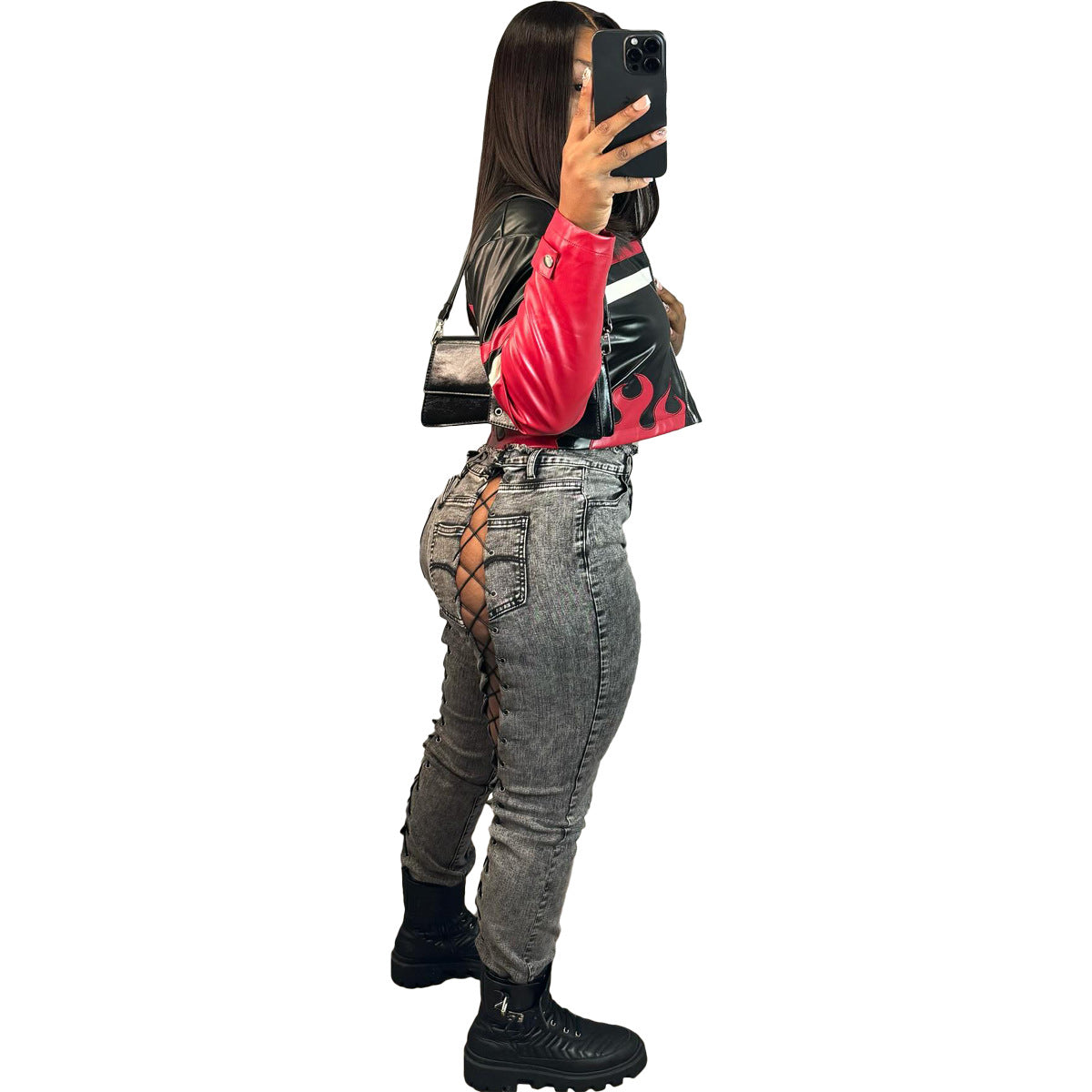 Women's Embroidered Flame Patchwork Leather Jacket 15