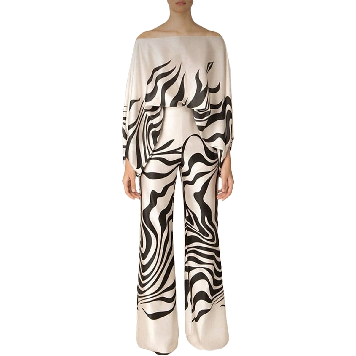 Women Casual Loose Off Shoulder Top and Printed Wide Leg Pants Two-piece Set 15