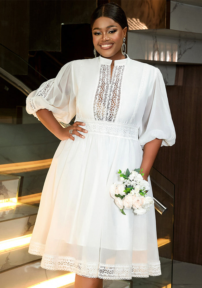 Plus Size Women Half-High Neck Lantern Sleeve Dress