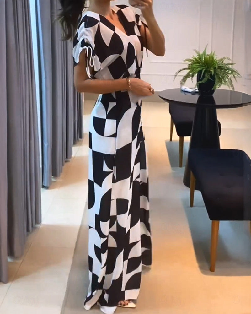 Geometric Print Short Sleeve Wide-Leg V-Neck Jumpsuit 8