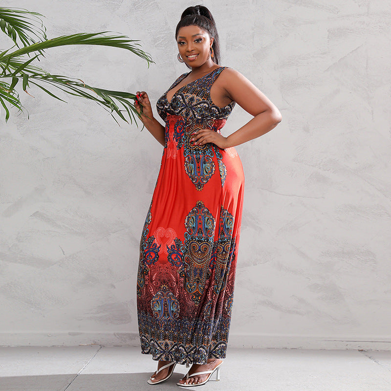 Plus Size Dress Low Back Deep V Neck Retro Paisley Plus Size Long Dress 15