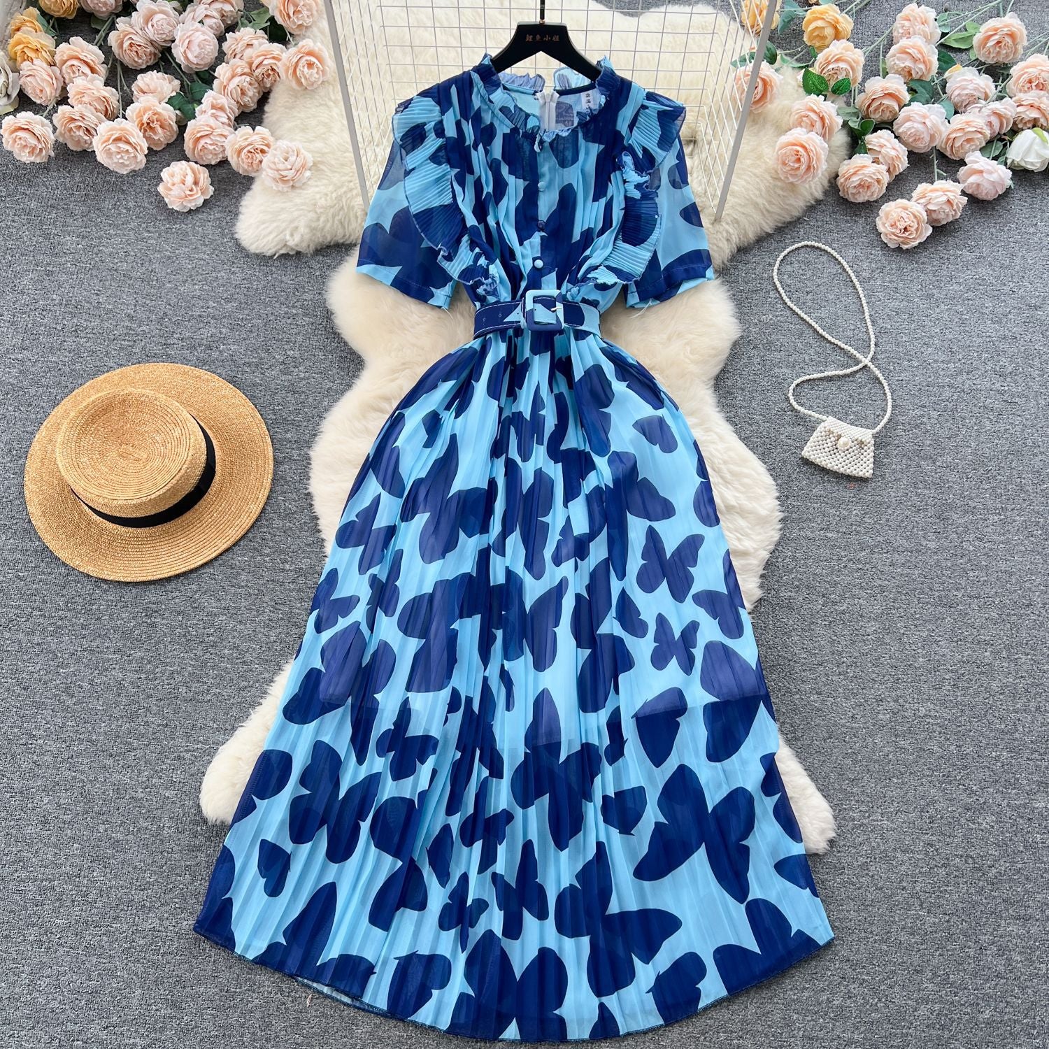 Women summer pleated floral Maxi Dress 9