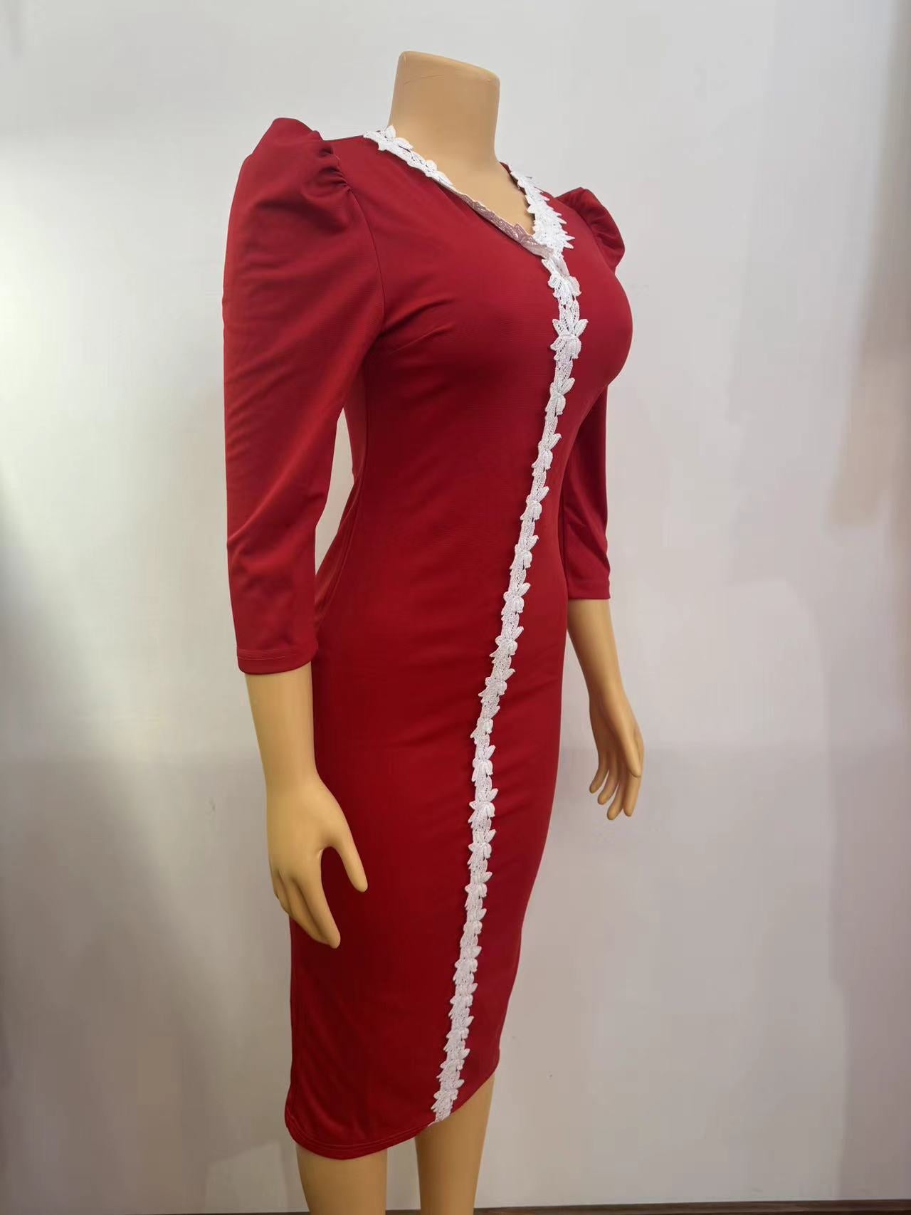 Women's Solid Color Lace V-Neck Slim Plus Size Dress 7