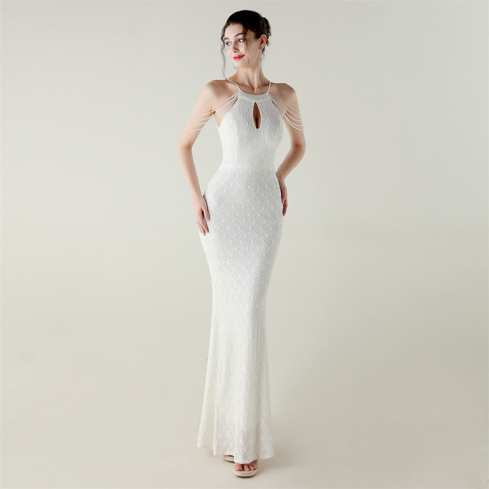 Sequin Beaded Off-Shoulder Halter Fishtail Luxury Party Dress