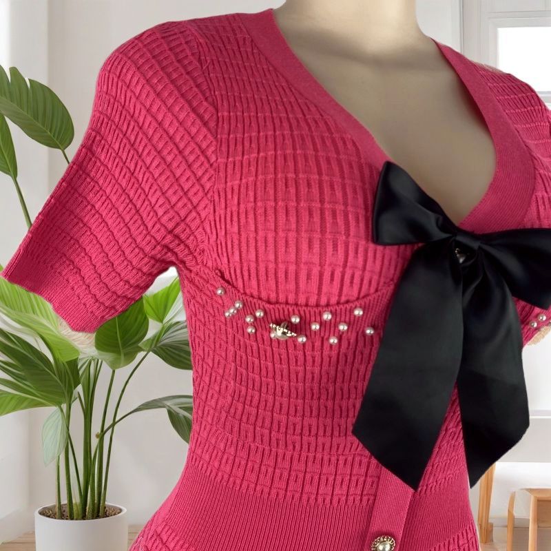 Summer Women's V-Neck Short Sleeve Slim Waist Chic Knitting Dress 8