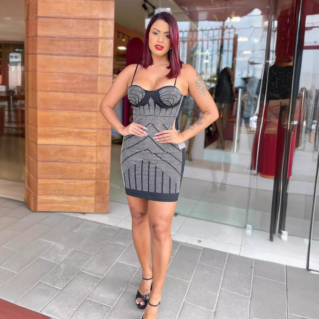 Women sexy beaded suspender elastic bodycon dress 3